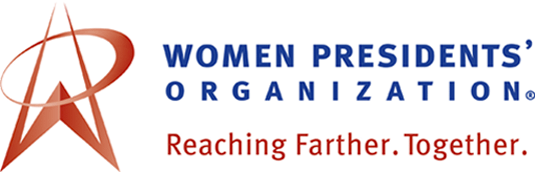The Women Presidents Organization's logo, featuring the motto "Reaching Farther. Together.," is displayed in red typography.