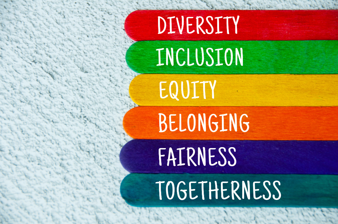 Diversity, inclusion, equality, belonging, fairness and togetherness text on colorful wooden stick - Corporate Class Inc's webinar on Diversity, Equity, and Inclusion