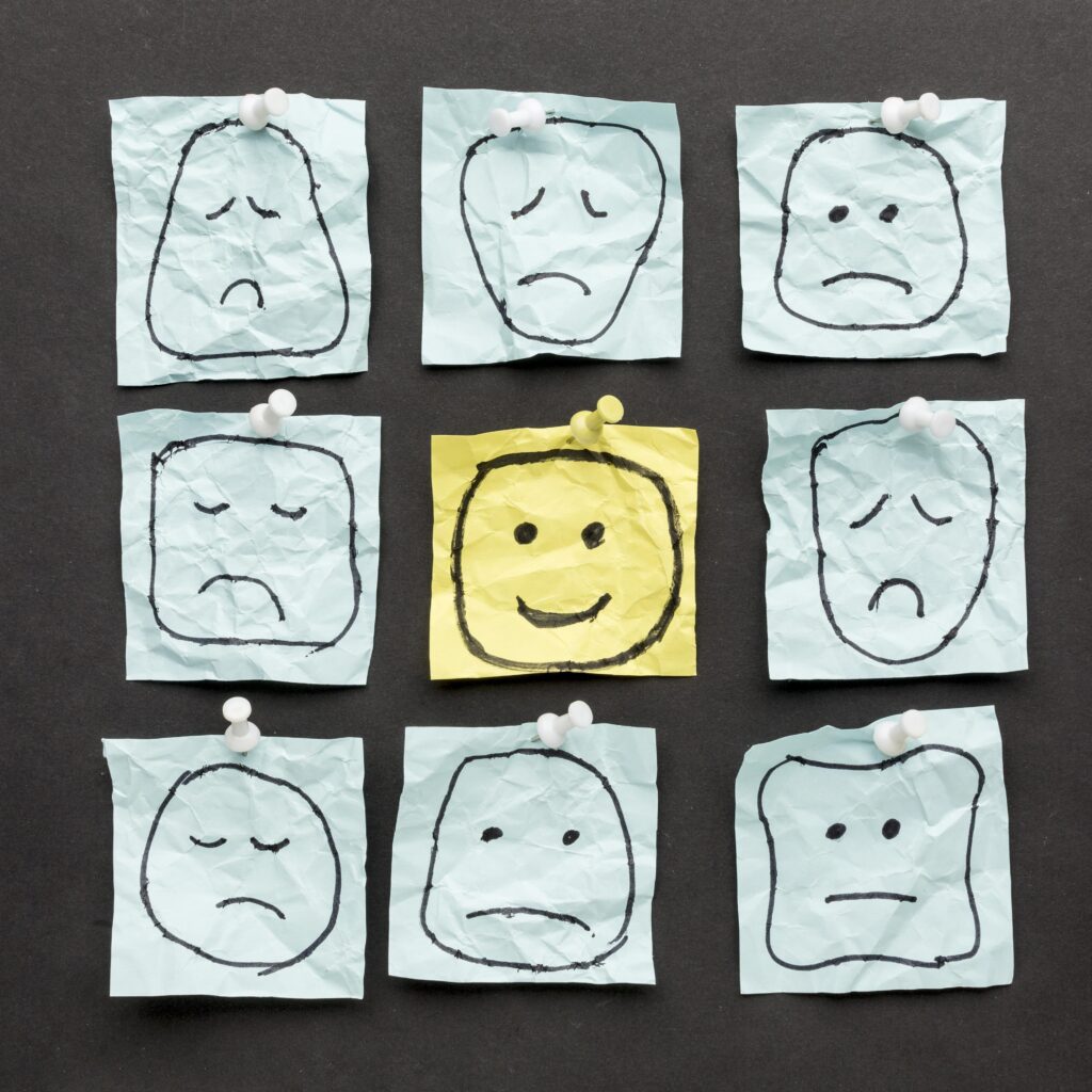 Emotional Mastery - Emoji drawing shows a happy person in the middle with full of sad emojis around.